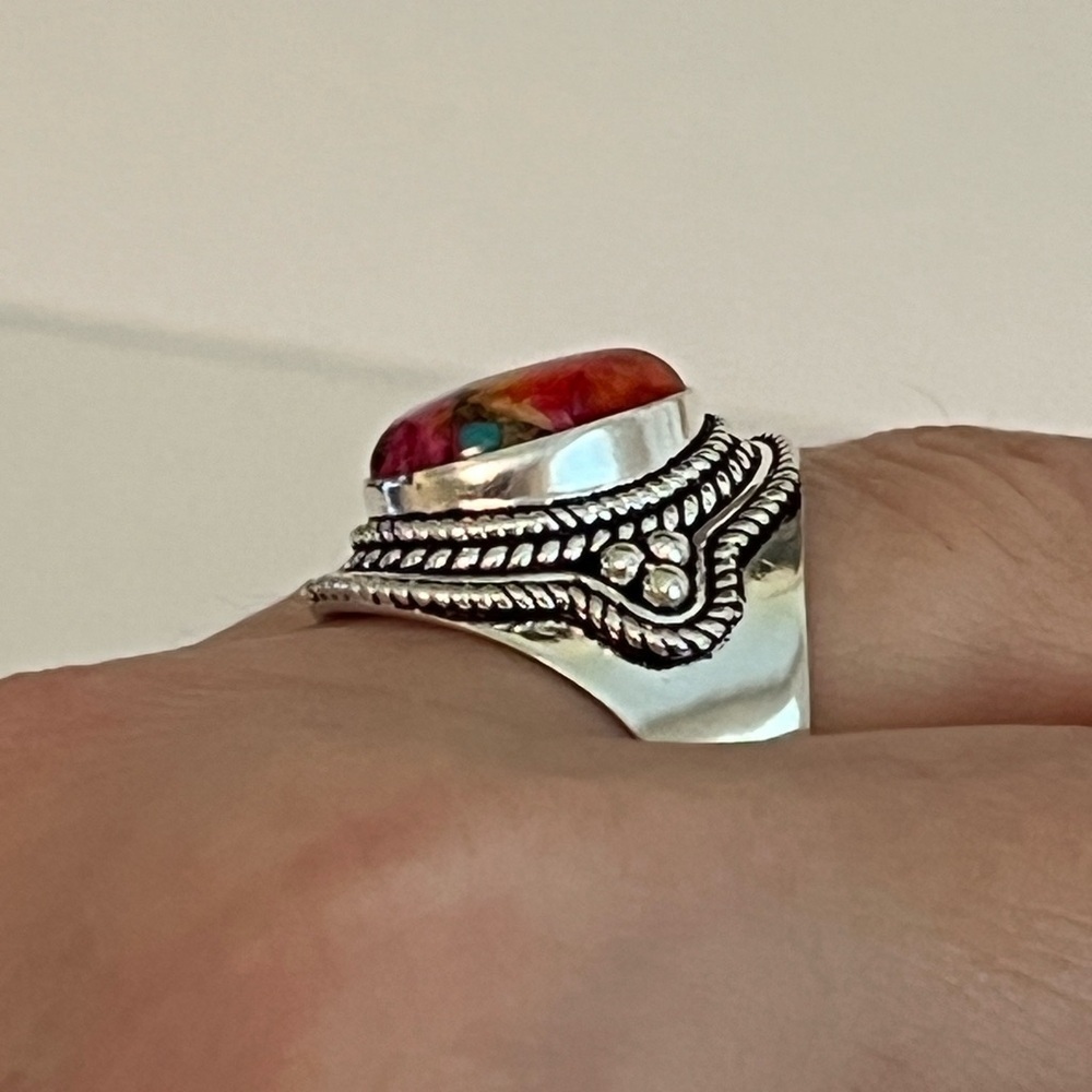 SOLID 925 STERLING SILVER GEMSTONE RING PINK SPINY OYSTER TURQUOISE SIZE 8.75 - Picture 5 of 10